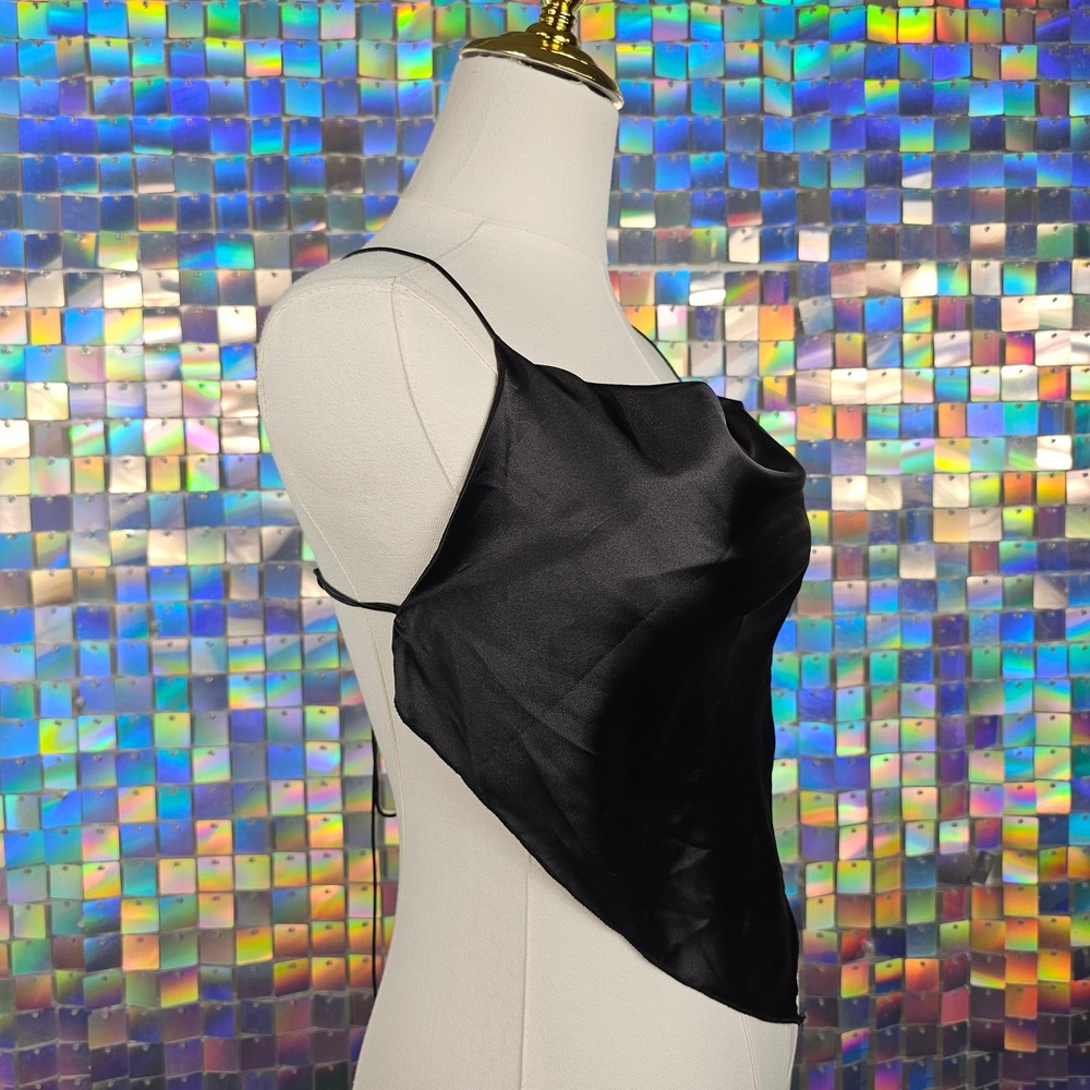 Handkerchief Y2K Cowl Neck Top Women OS Black Satin Tie Back Jersey Shore Summah - Picture 7 of 10